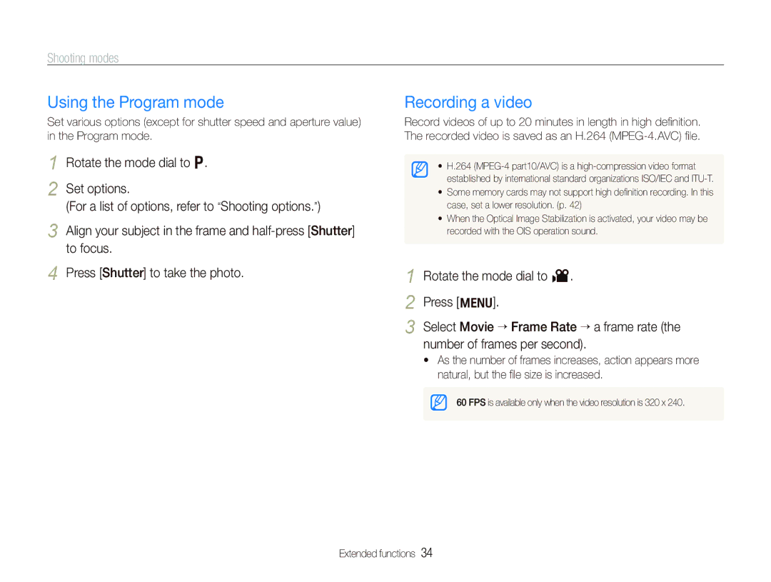 Samsung TL210 user manual Using the Program mode, Recording a video 