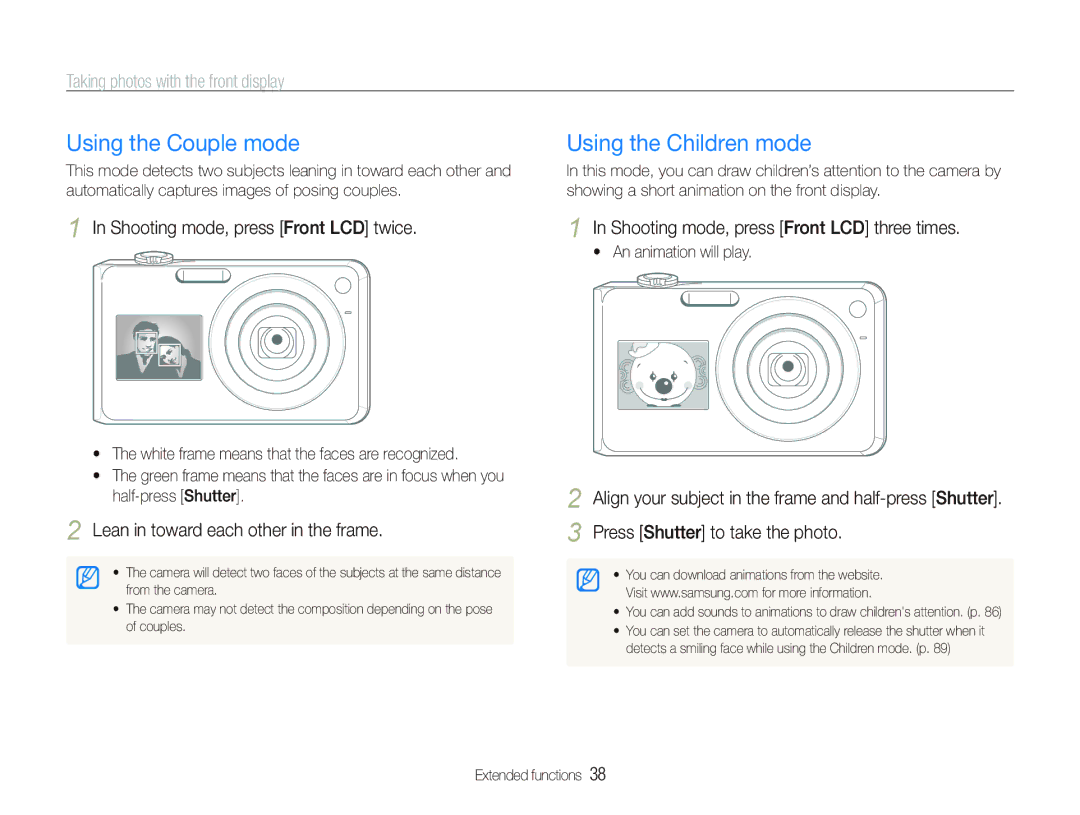 Samsung TL210 user manual Using the Couple mode, Using the Children mode, Taking photos with the front display 