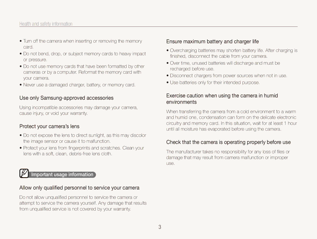 Samsung TL210 Ensure maximum battery and charger life, Use only Samsung-approved accessories, Protect your camera’s lens 