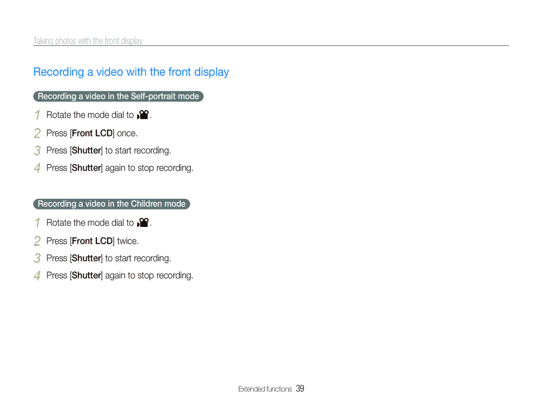 Samsung TL210 user manual Recording a video with the front display, Recording a video in the Self-portrait mode 