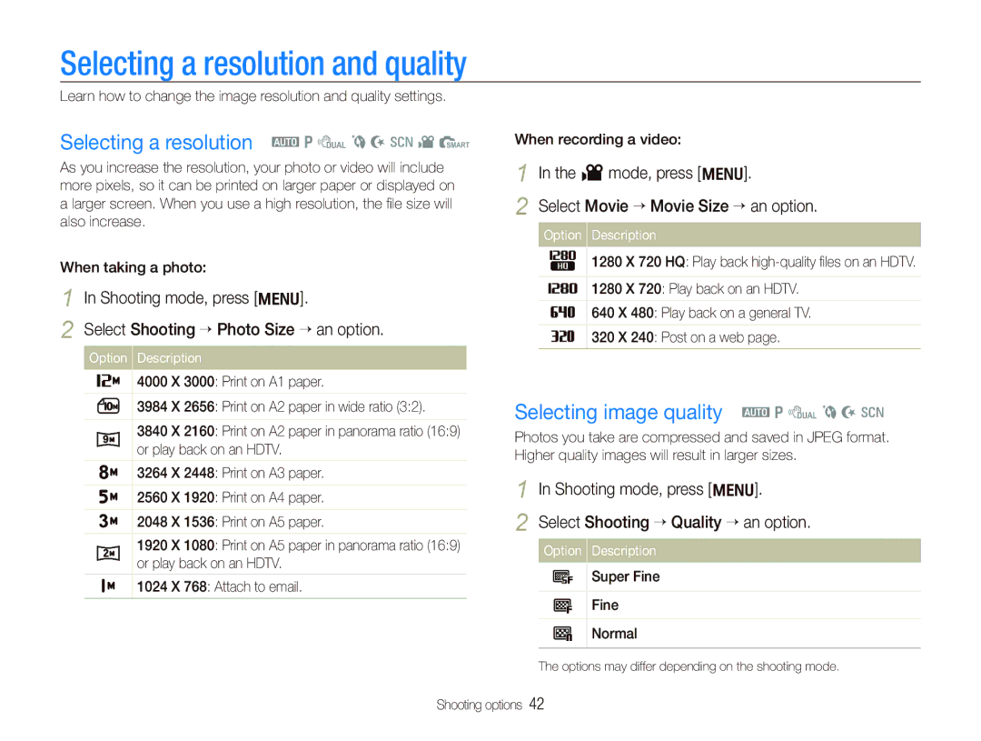 Samsung TL210 user manual Selecting a resolution and quality, Selecting a resolution a p d b N s v S, V mode, press m 