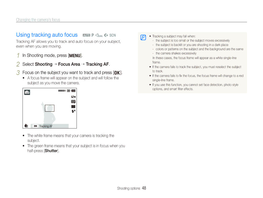 Samsung TL210 user manual Using tracking auto focus a p d N s, Changing the camera’s focus 