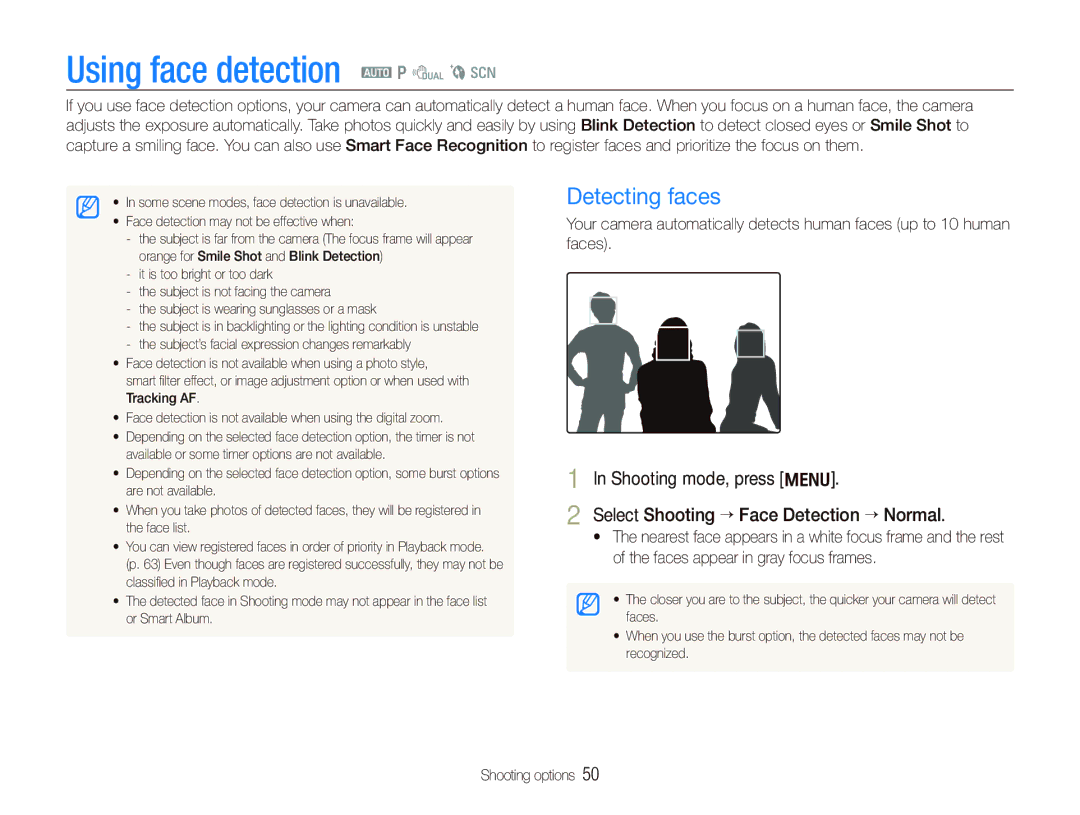 Samsung TL210 user manual Using face detection a p d b s, Detecting faces 