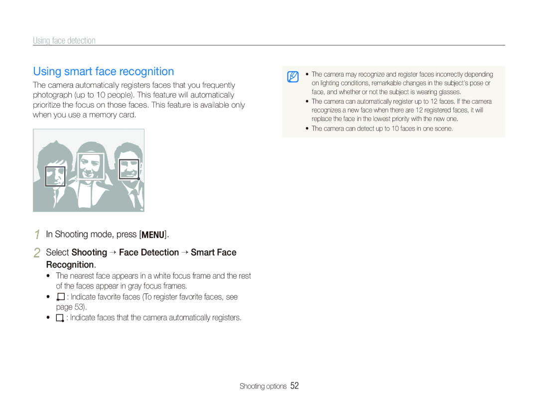 Samsung TL210 user manual Using smart face recognition 