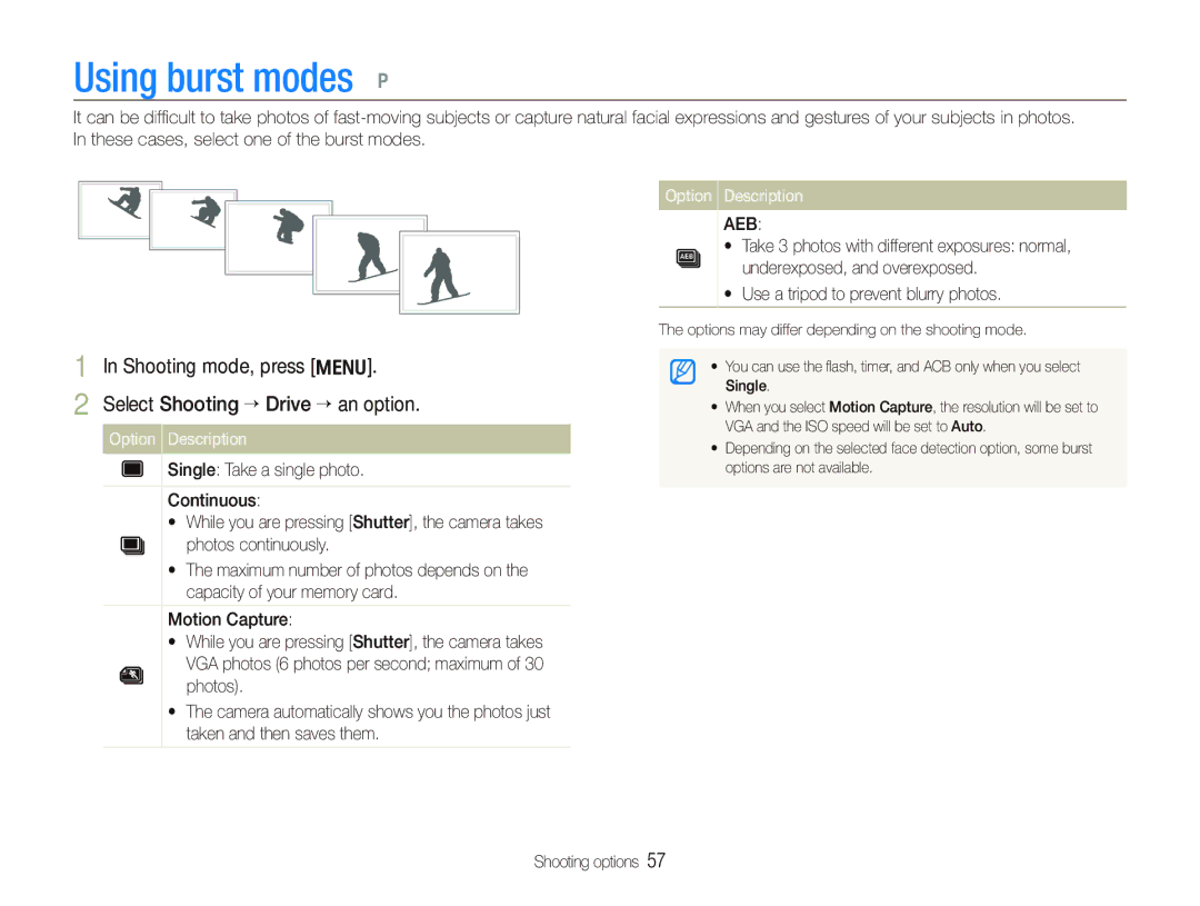 Samsung TL210 user manual Using burst modes p, Select Shooting ““Drive “ an option 