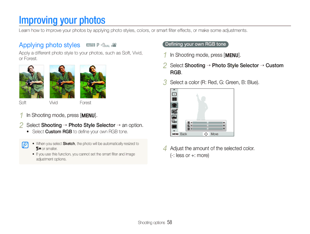 Samsung TL210 Improving your photos, Applying photo styles a p d, Adjust the amount of the selected color. less or + more 