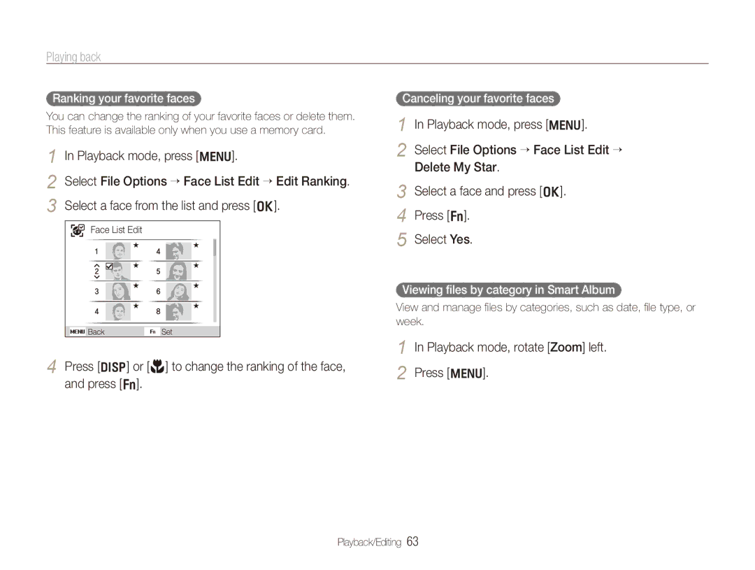 Samsung TL210 user manual Playing back, Playback mode, press m, Select a face from the list and press o 