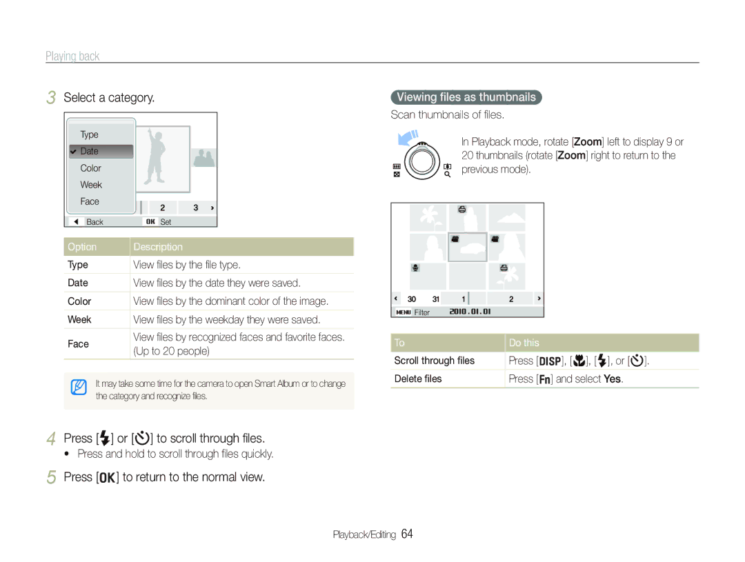 Samsung TL210 user manual Select a category, Press o to return to the normal view, Viewing ﬁles as thumbnails, Do this 