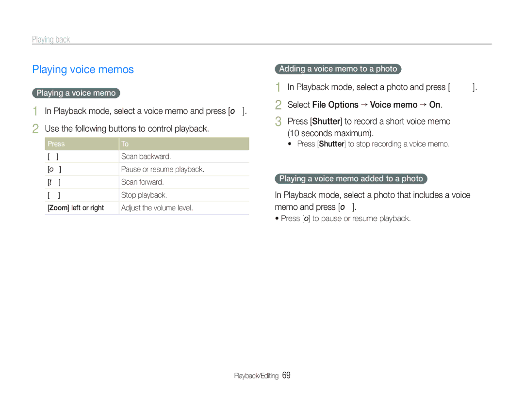 Samsung TL210 user manual Playing voice memos, Playing a voice memo, Adding a voice memo to a photo 