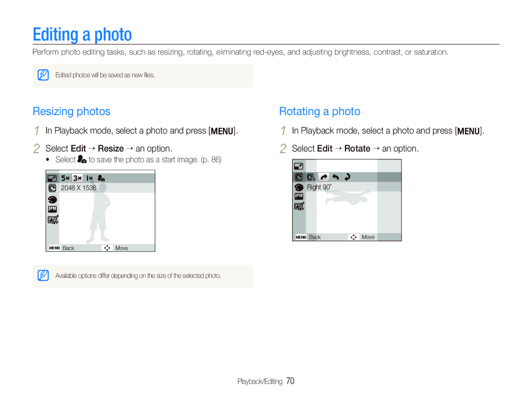 Samsung TL210 user manual Editing a photo, Resizing photos, Rotating a photo 