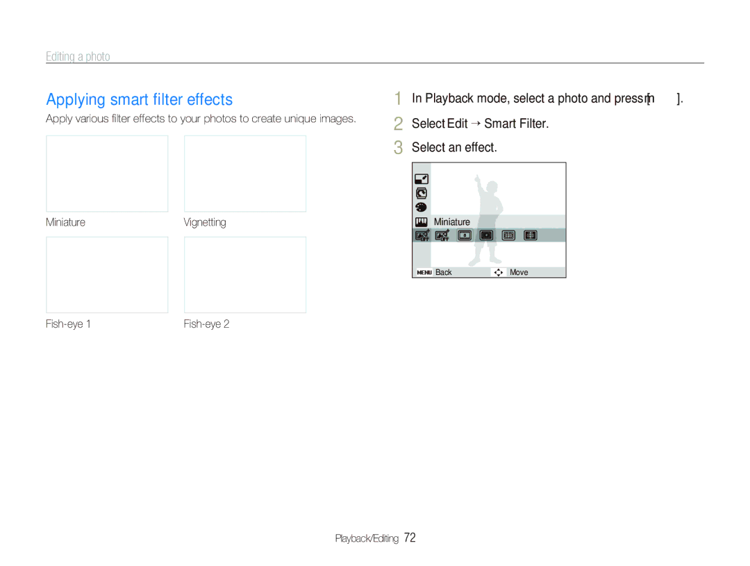 Samsung TL210 Applying smart ﬁlter effects, Select Edit ““Smart Filter, Playback mode, select a photo and press m 