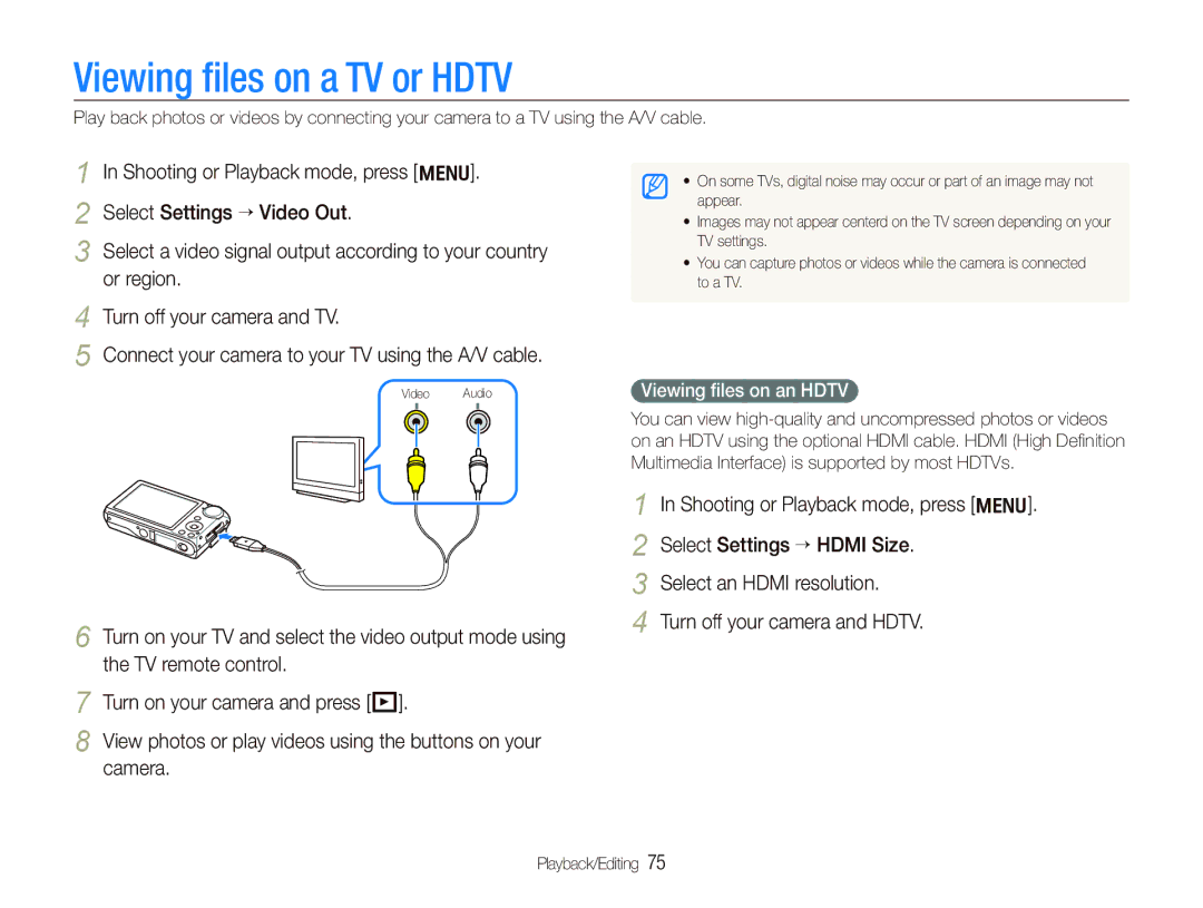 Samsung TL210 user manual Viewing ﬁles on a TV or Hdtv, Viewing ﬁles on an Hdtv 