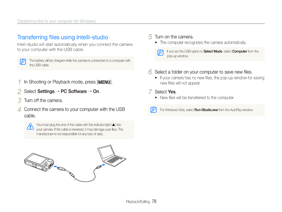 Samsung TL210 user manual Transferring ﬁles using Intelli-studio, Transferring ﬁles to your computer for Windows, Cable 