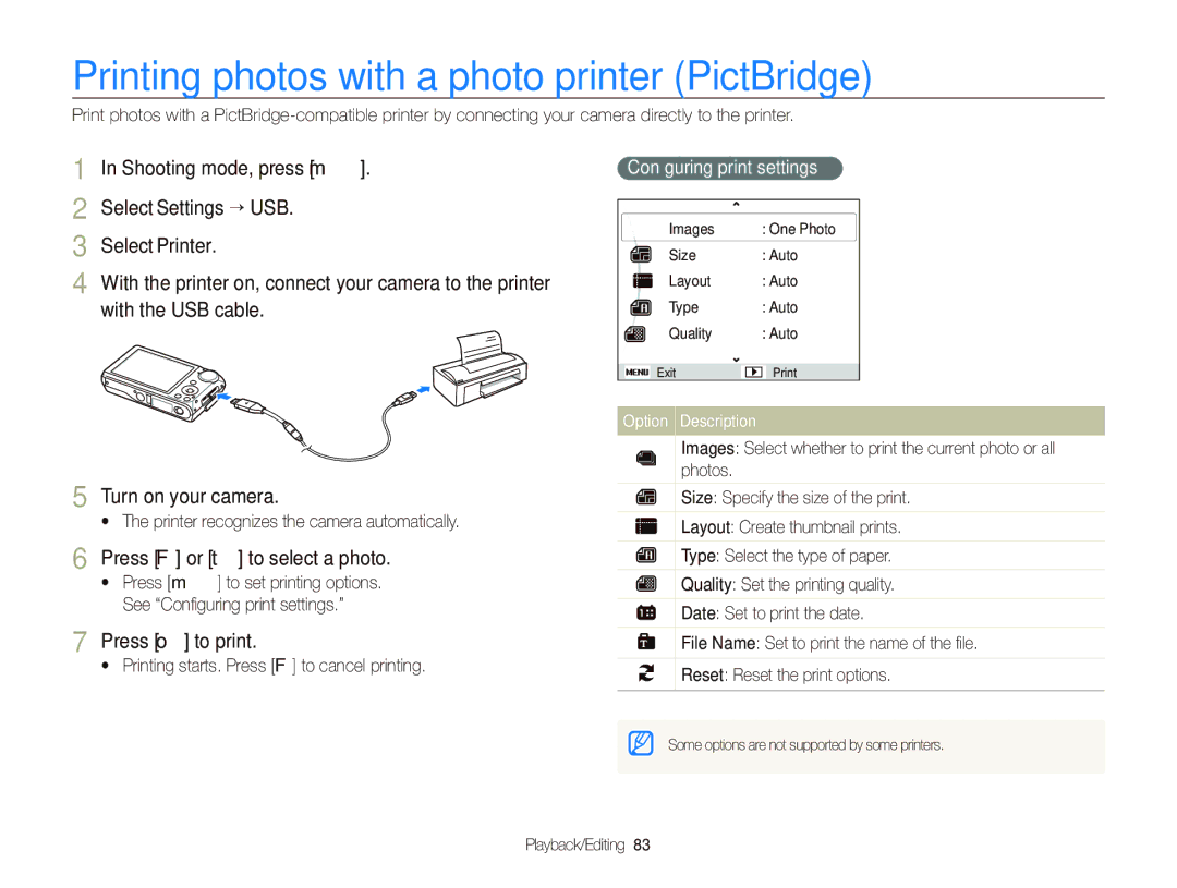 Samsung TL210 user manual Printing photos with a photo printer PictBridge, Press F or t to select a photo, Press o to print 