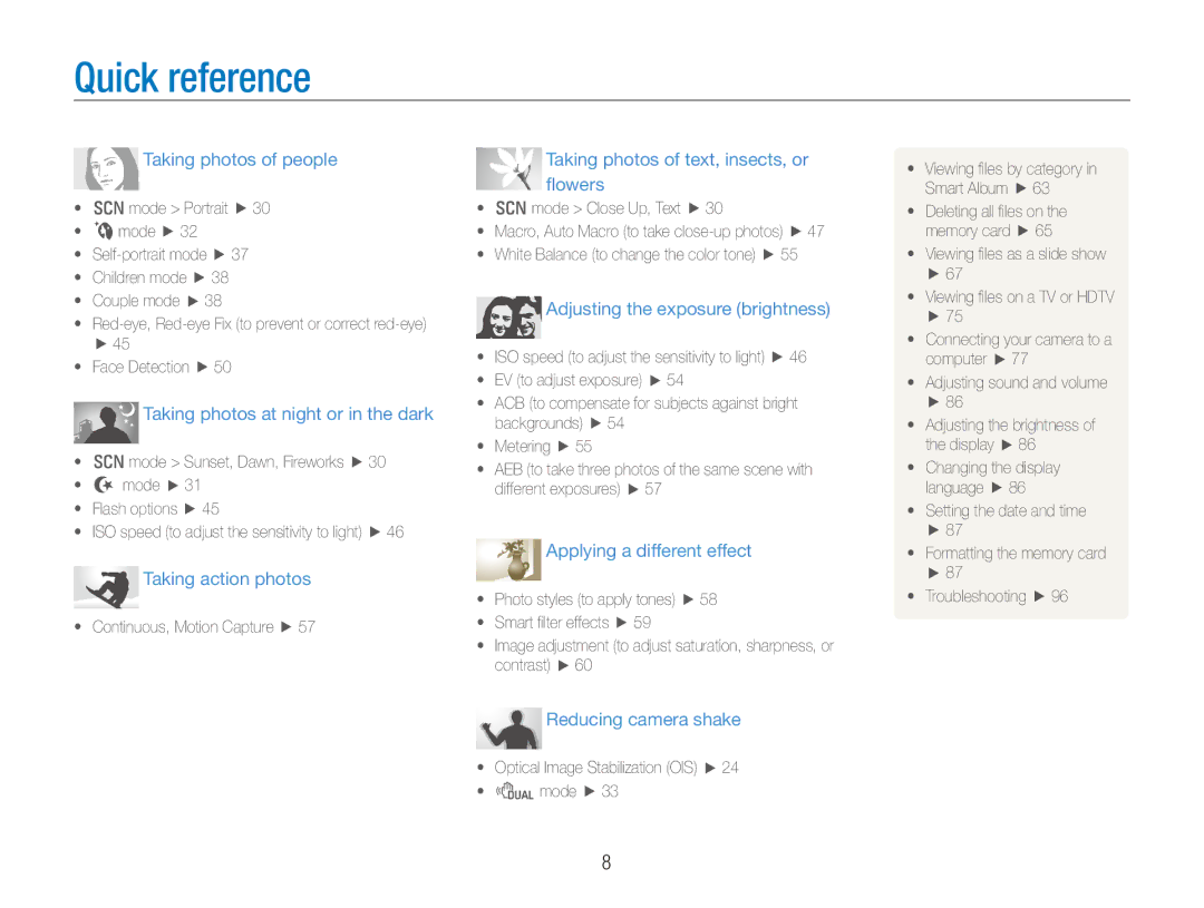 Samsung TL210 user manual Quick reference, Taking photos of people 