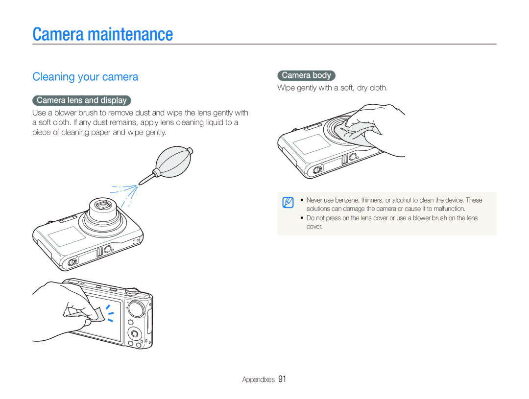 Samsung TL210 user manual Camera maintenance, Cleaning your camera, Camera lens and display, Camera body 