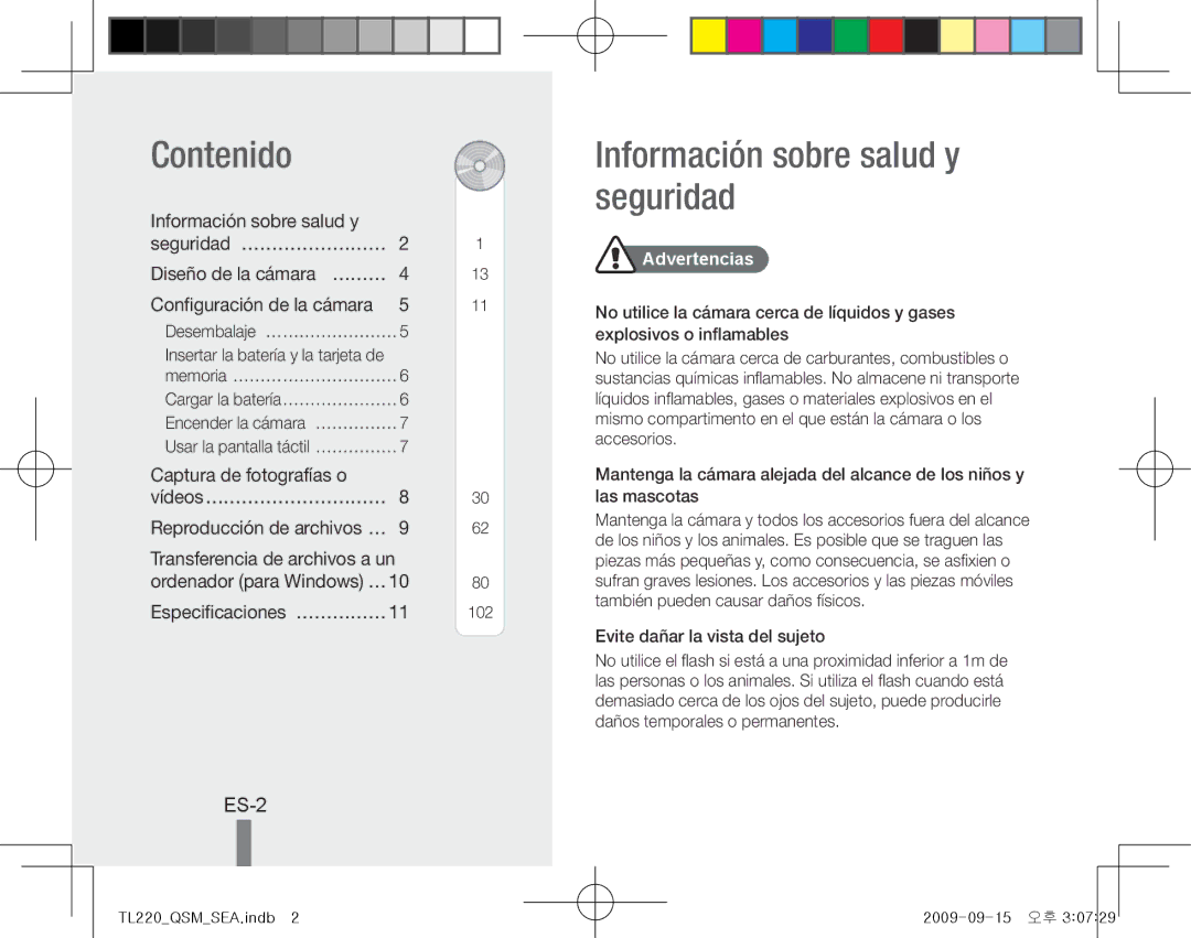 Samsung TL220 Contenido, Información sobre salud y seguridad, ES-2, Información sobre salud y Seguridad… …………………… 