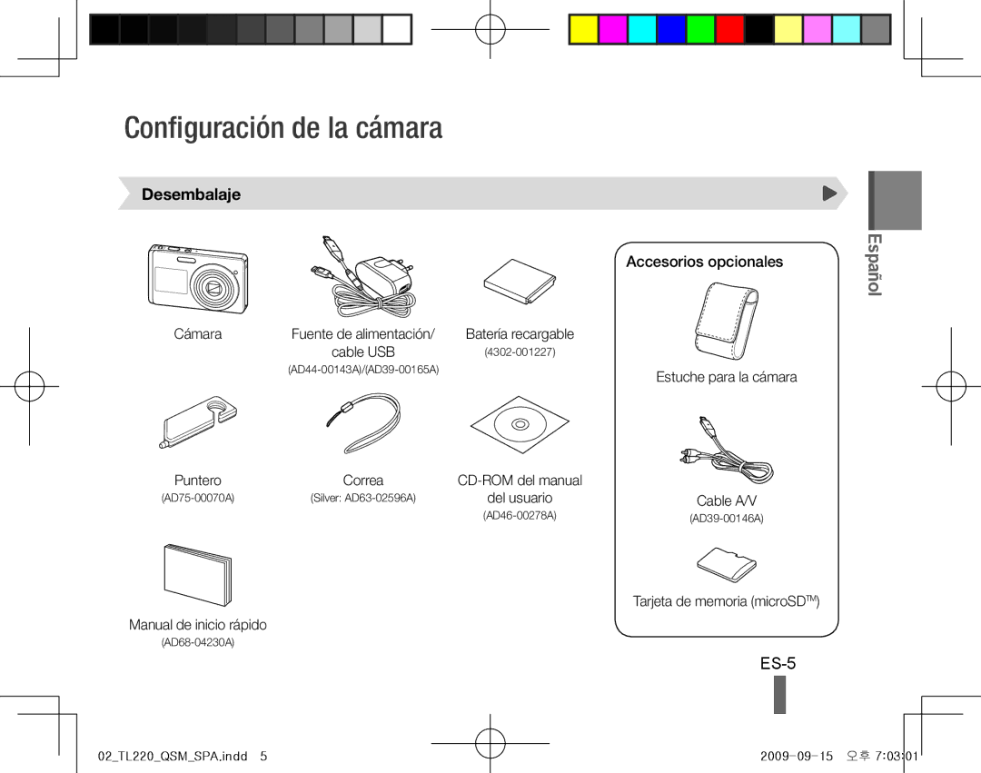 Samsung TL220 quick start manual Configuración de la cámara, ES-5, Desembalaje, Accesorios opcionales 