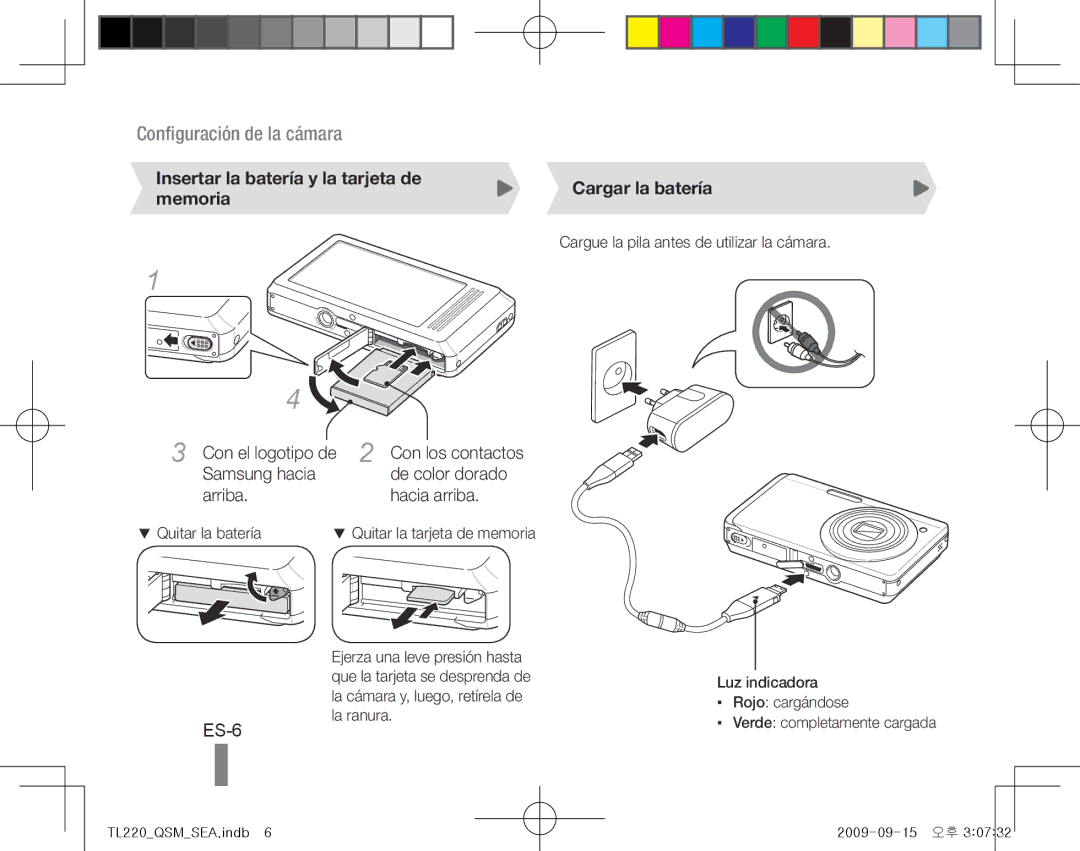 Samsung TL220 quick start manual ES-6, Insertar la batería y la tarjeta de memoria, Cargar la batería, Quitar la batería 