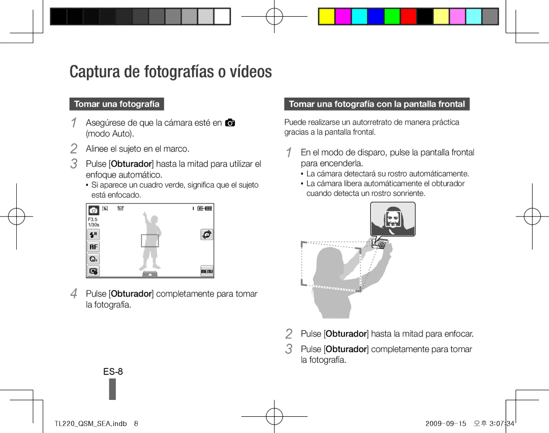 Samsung TL220 quick start manual ES-8, Tomar una fotografía con la pantalla frontal 