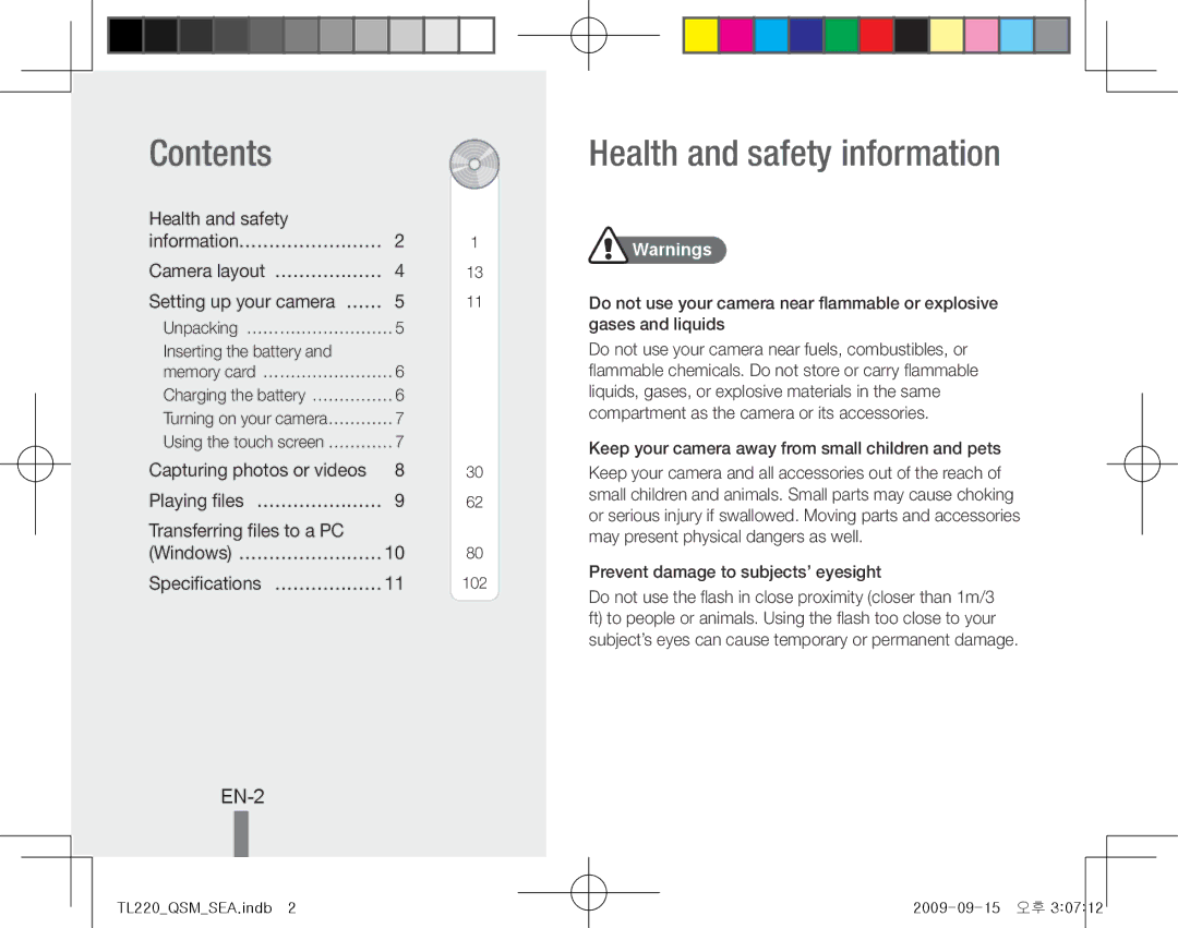 Samsung TL220 quick start manual Contents, Health and safety information 