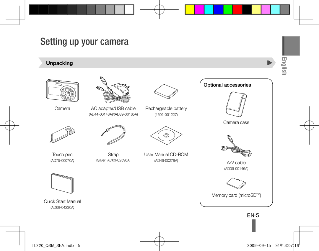 Samsung TL220 quick start manual Setting up your camera, EN-5, Unpacking, Optional accessories 