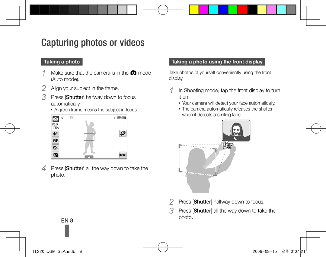 Samsung TL220 quick start manual Capturing photos or videos, EN-8, Taking a photo using the front display 