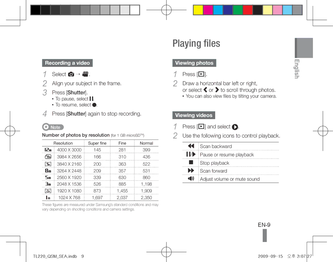 Samsung TL220 quick start manual Playing files, EN-9, Recording a video, Viewing photos, Viewing videos 