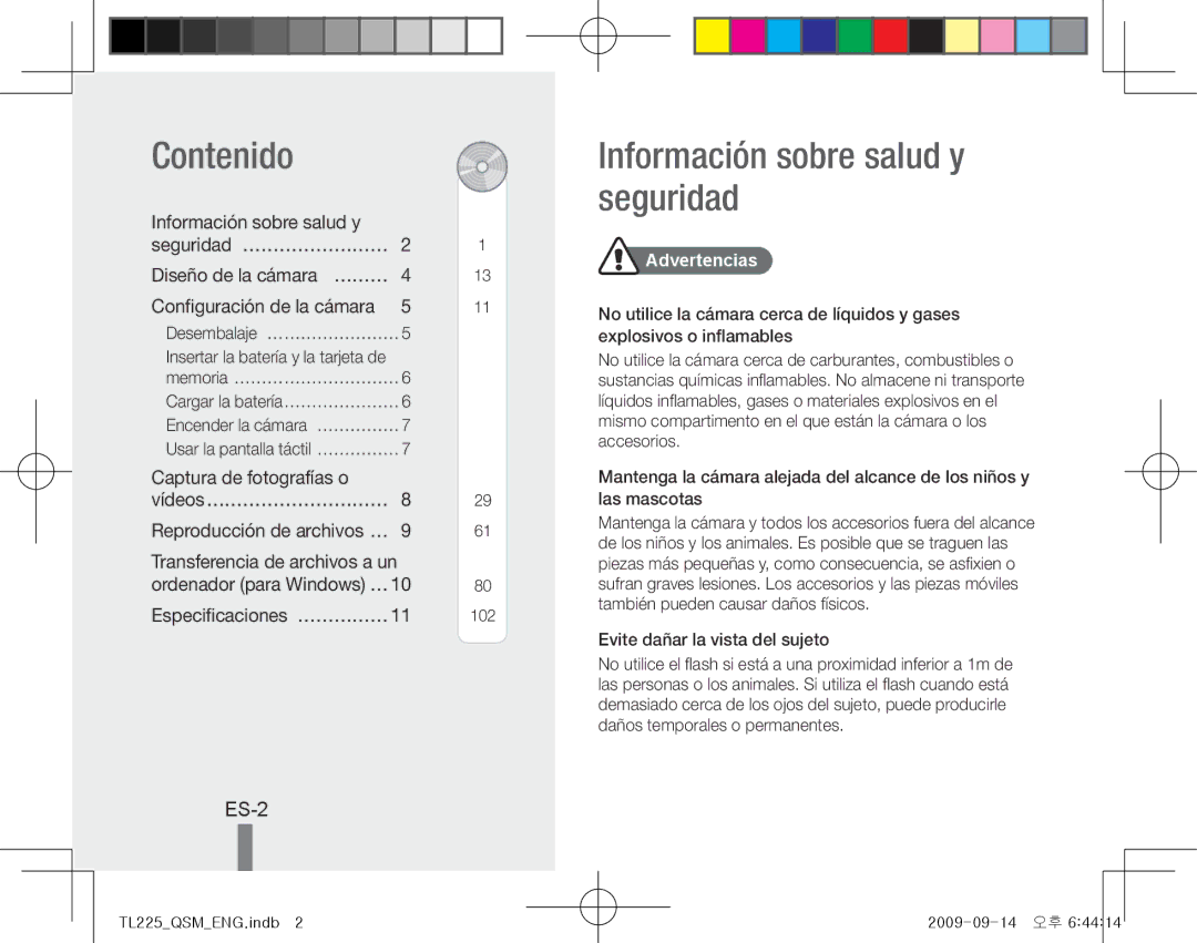 Samsung TL225 Contenido, Información sobre salud y seguridad, ES-2, Información sobre salud y Seguridad… …………………… 