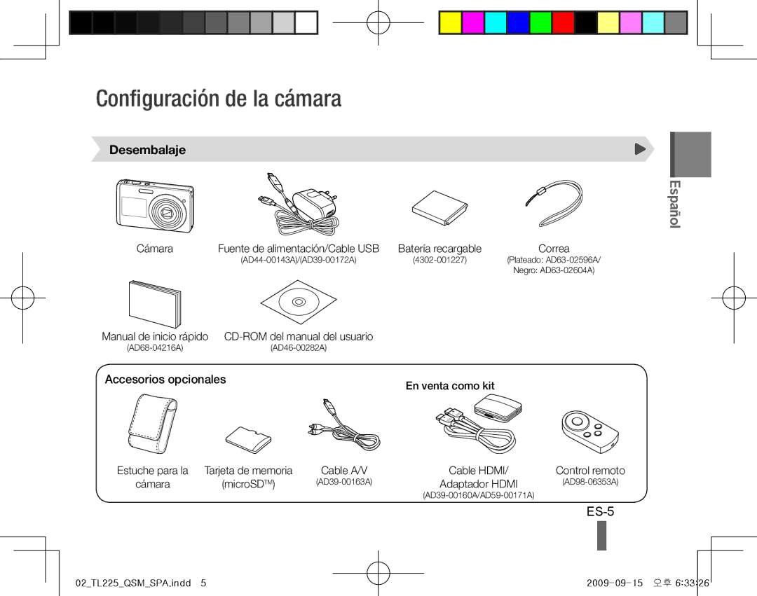 Samsung AD68-04216A, TL225 quick start manual Configuración de la cámara, ES-5, Desembalaje, Accesorios opcionales 