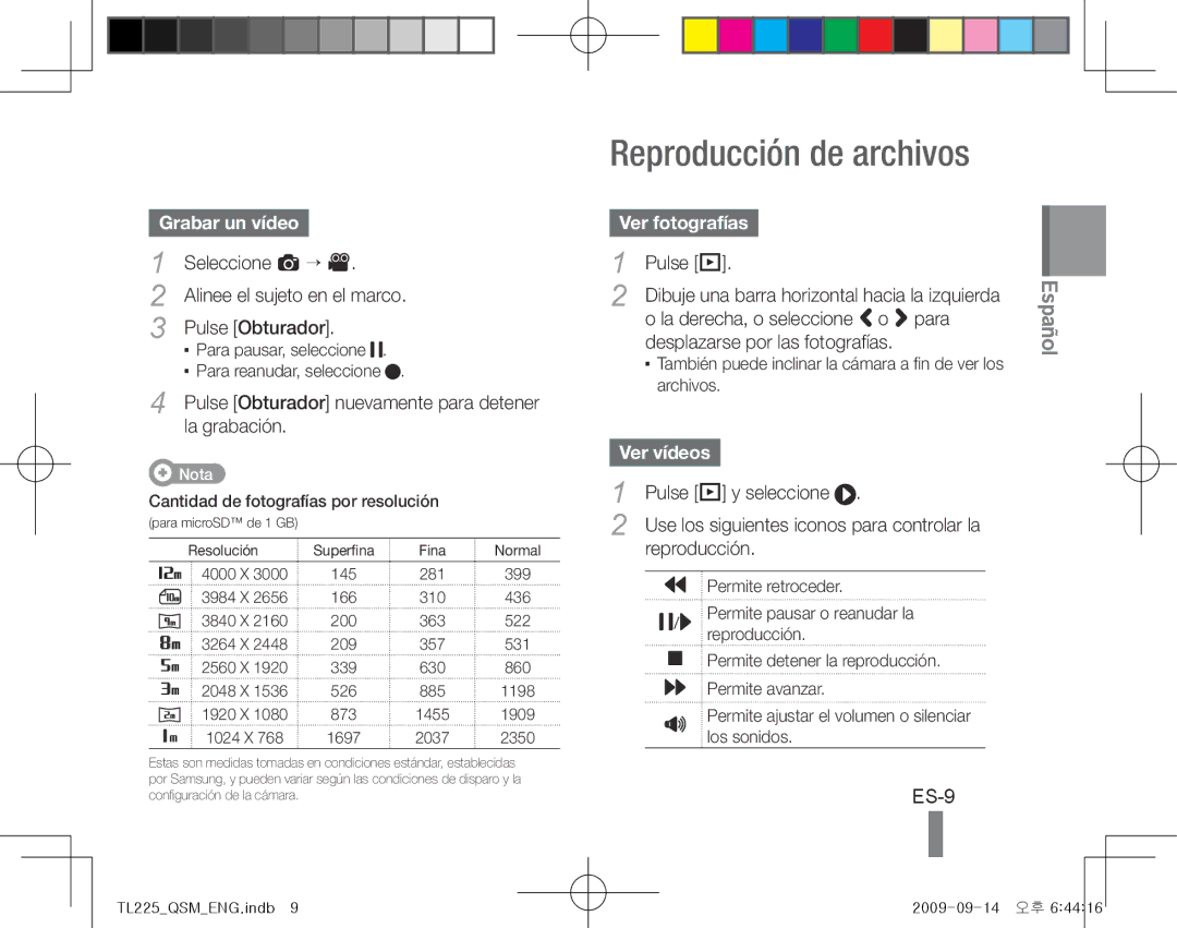 Samsung AD68-04216A, TL225 quick start manual Reproducción de archivos, ES-9, Grabar un vídeo, Ver fotografías, Ver vídeos 