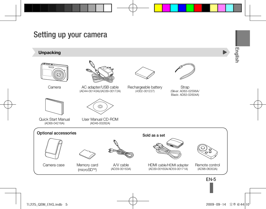 Samsung AD68-04216A, TL225 quick start manual Setting up your camera, EN-5, Unpacking, Optional accessories 