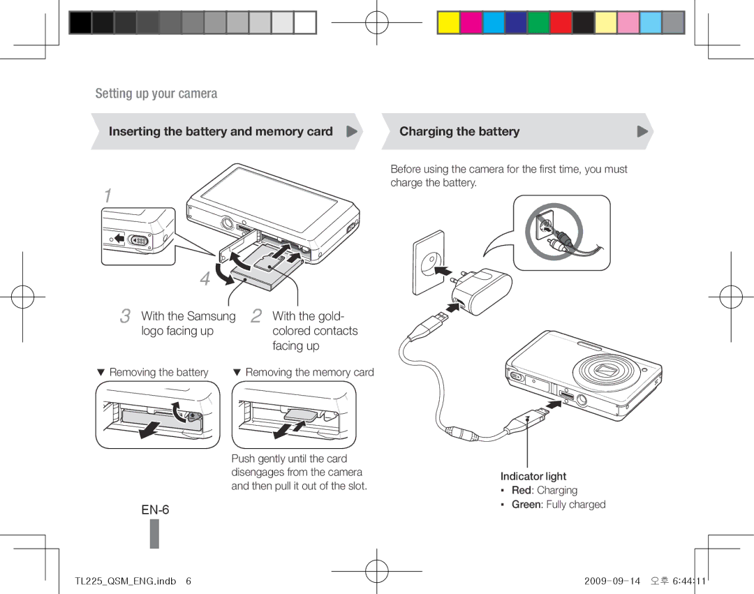 Samsung TL225, AD68-04216A EN-6, Inserting the battery and memory card Charging the battery, With the gold, Facing up 