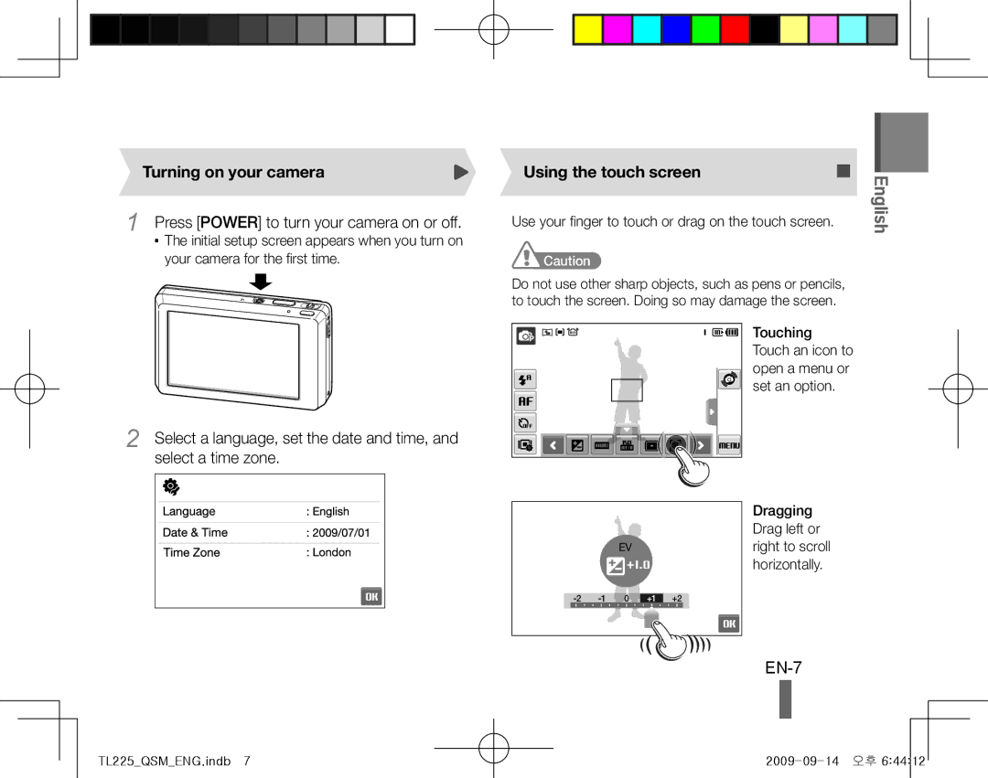 Samsung AD68-04216A, TL225 quick start manual EN-7, Turning on your camera, Your camera for the first time, Horizontally 