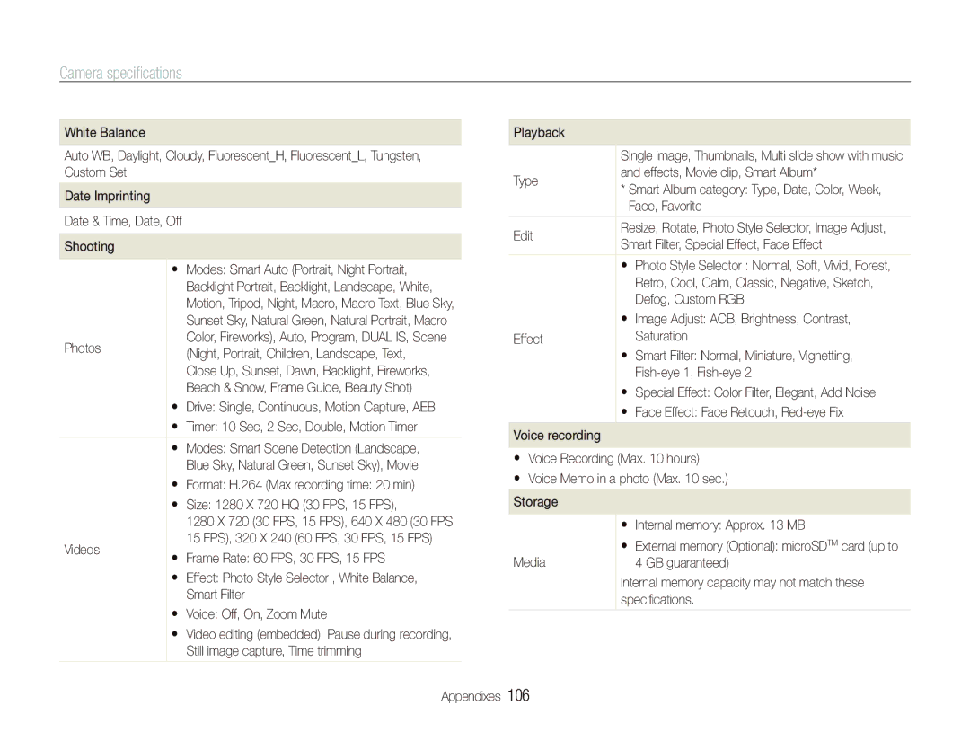 Samsung TL240 user manual Camera speciﬁcations 