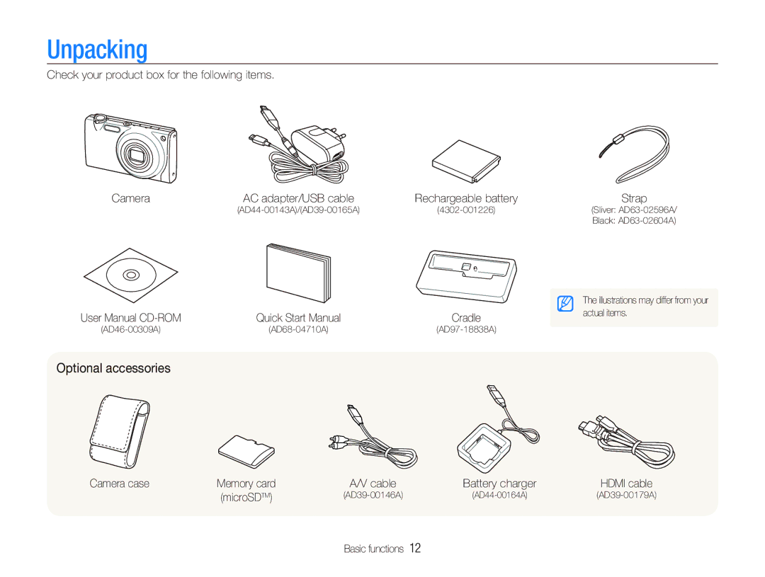 Samsung TL240 user manual Unpacking, Optional accessories 