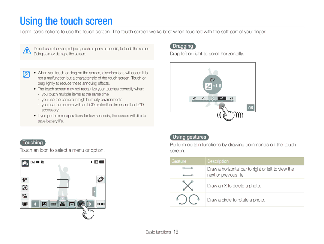 Samsung TL240 user manual Using the touch screen, Dragging, Touching, Using gestures, Gesture Description 