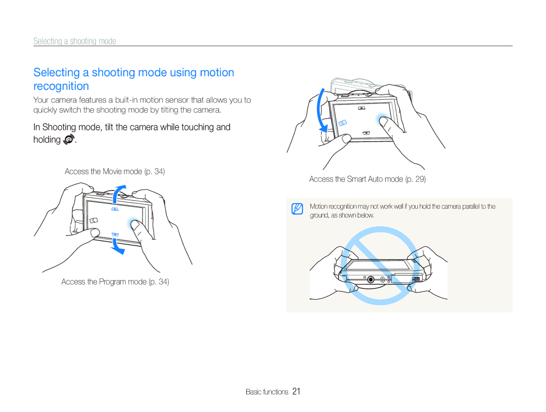 Samsung TL240 user manual Selecting a shooting mode using motion recognition 