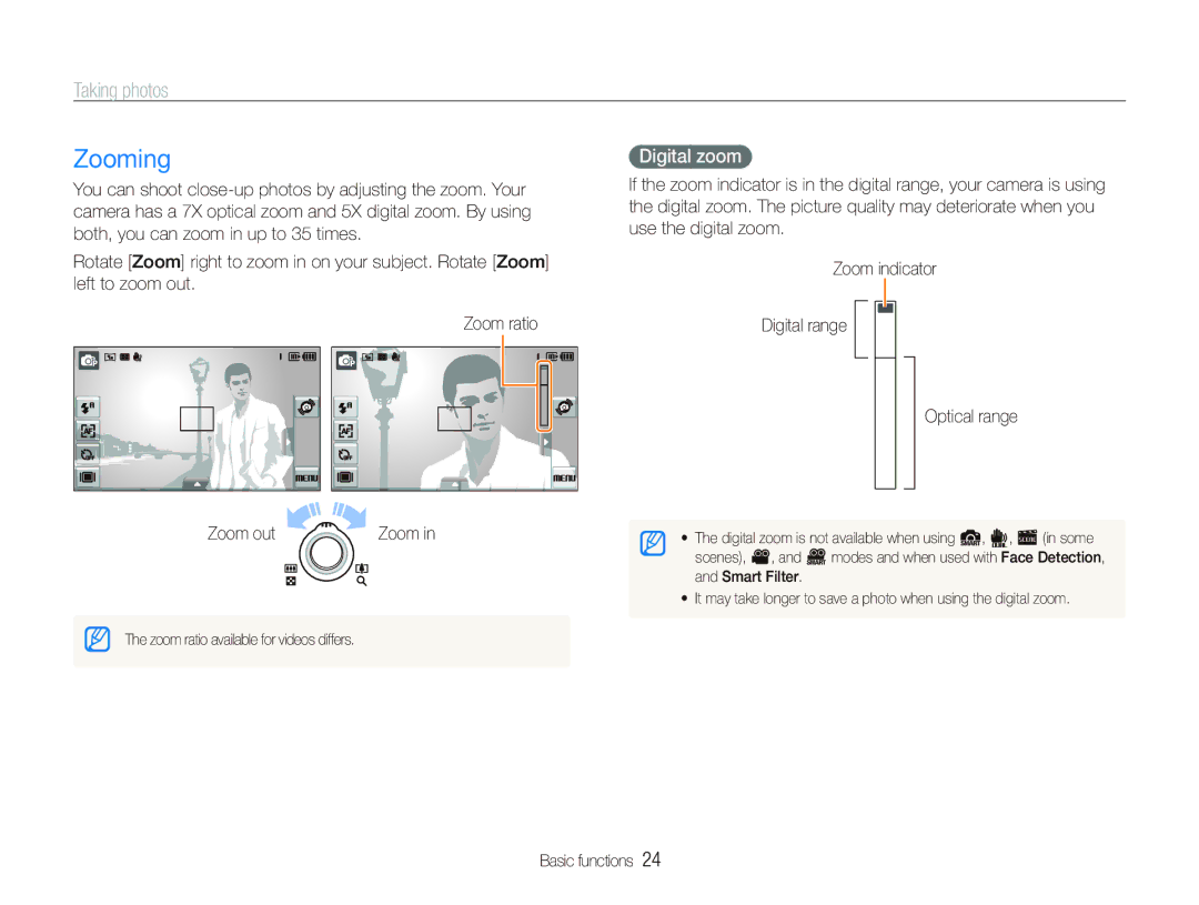 Samsung TL240 user manual Zooming, Taking photos, Digital zoom 