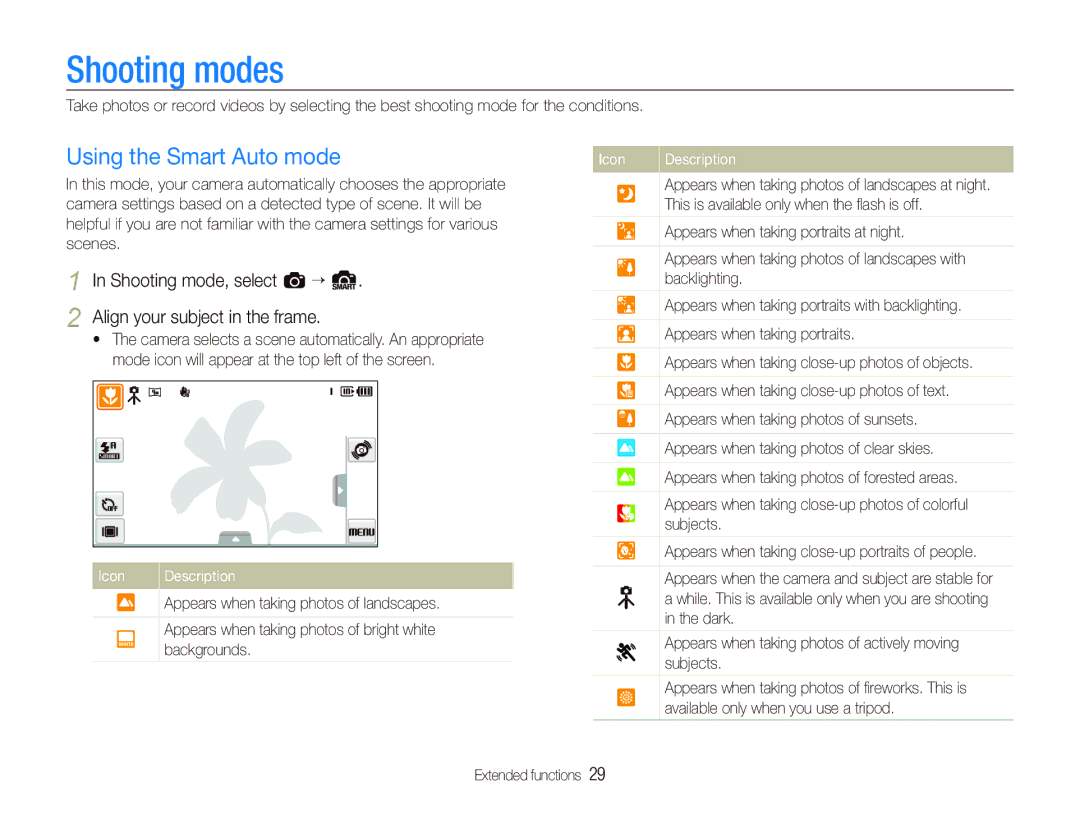 Samsung TL240 Shooting modes, Using the Smart Auto mode, Shooting mode, select a “ S Align your subject in the frame 