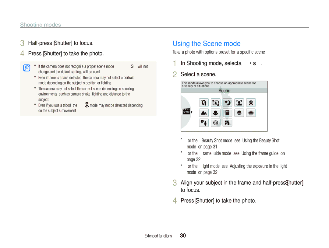 Samsung TL240 user manual Using the Scene mode, Shooting modes, Half-press Shutter to focus Press Shutter to take the photo 