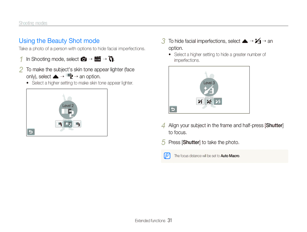 Samsung TL240 user manual Using the Beauty Shot mode, Shooting mode, select a “ s ““, ““an option 