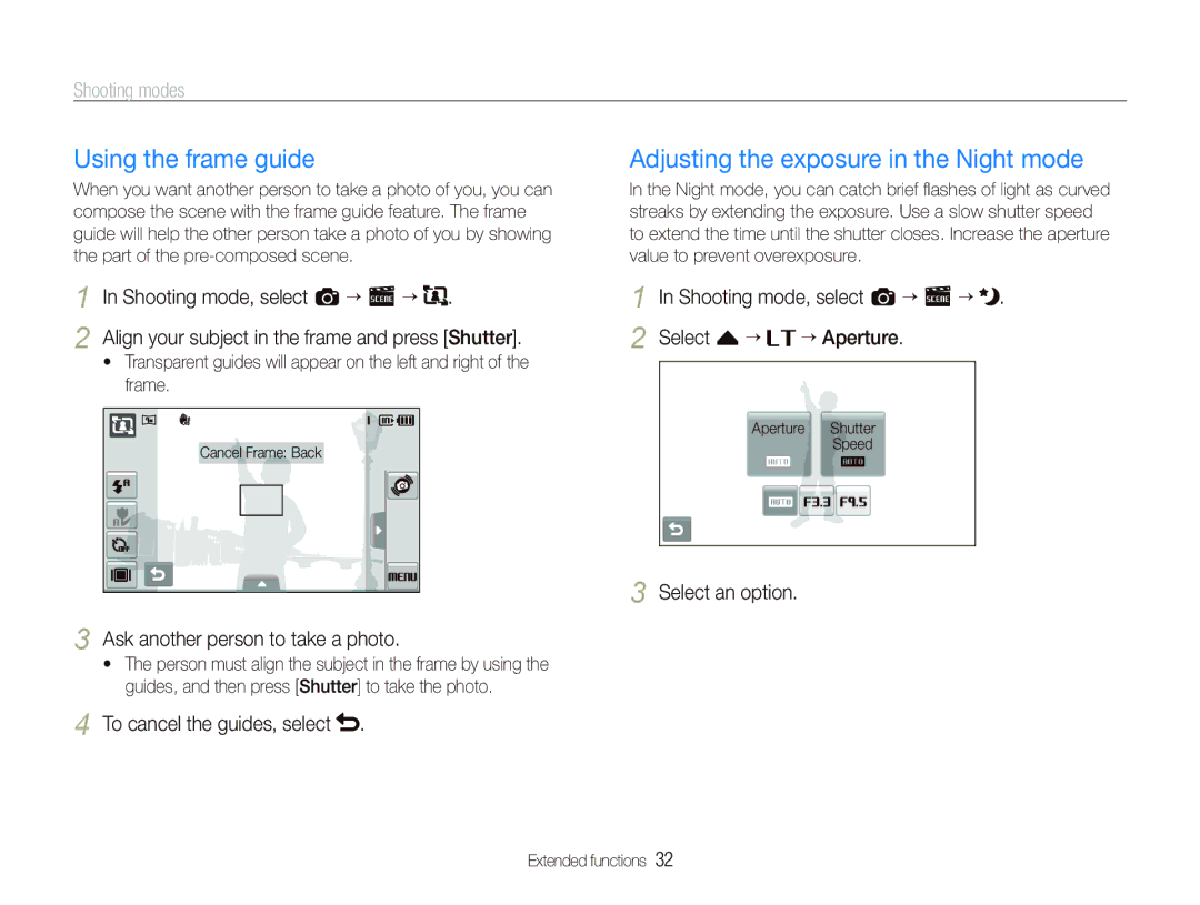 Samsung TL240 user manual Using the frame guide, Adjusting the exposure in the Night mode 