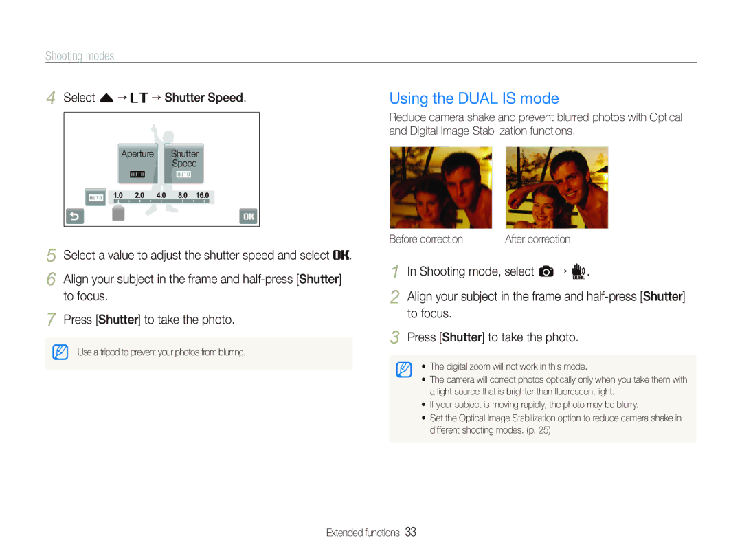 Samsung TL240 user manual To focus Press Shutter to take the photo, Before correction After correction 