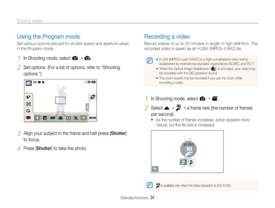 Samsung TL240 user manual Using the Program mode, Recording a video 