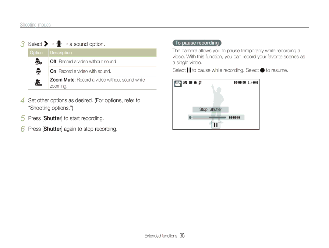 Samsung TL240 user manual To pause recording, Select ““ ““a sound option. Option Description 