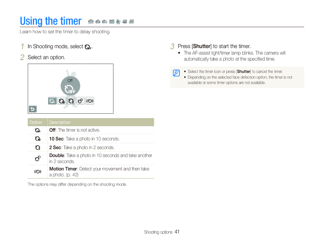 Samsung TL240 user manual Using the timer S a p s d v D, Shooting mode, select, Press Shutter to start the timer 