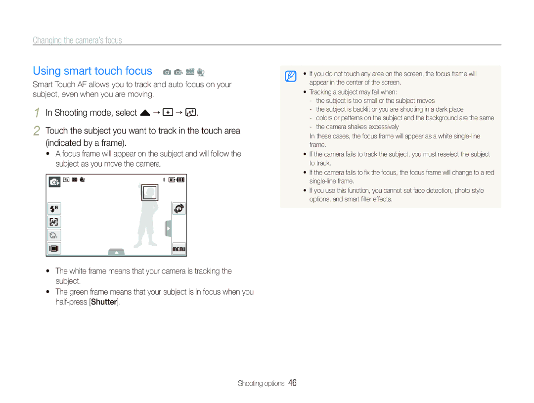 Samsung TL240 user manual Using smart touch focus a p s d, Changing the camera’s focus, Shooting mode, select f “ 