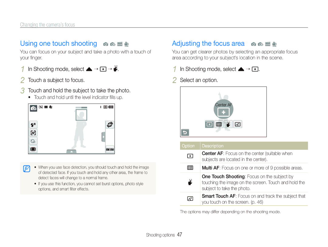 Samsung TL240 user manual Using one touch shooting a p s d, Adjusting the focus area a p s d 