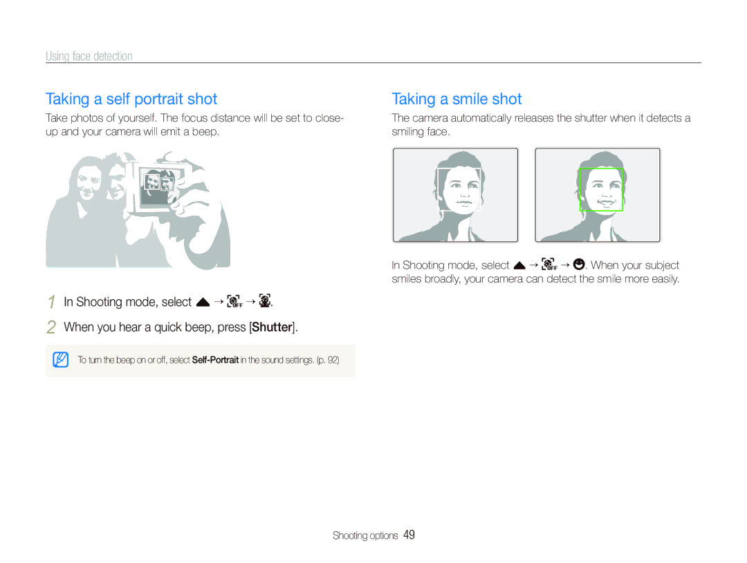 Samsung TL240 user manual Taking a self portrait shot, Taking a smile shot, Using face detection 